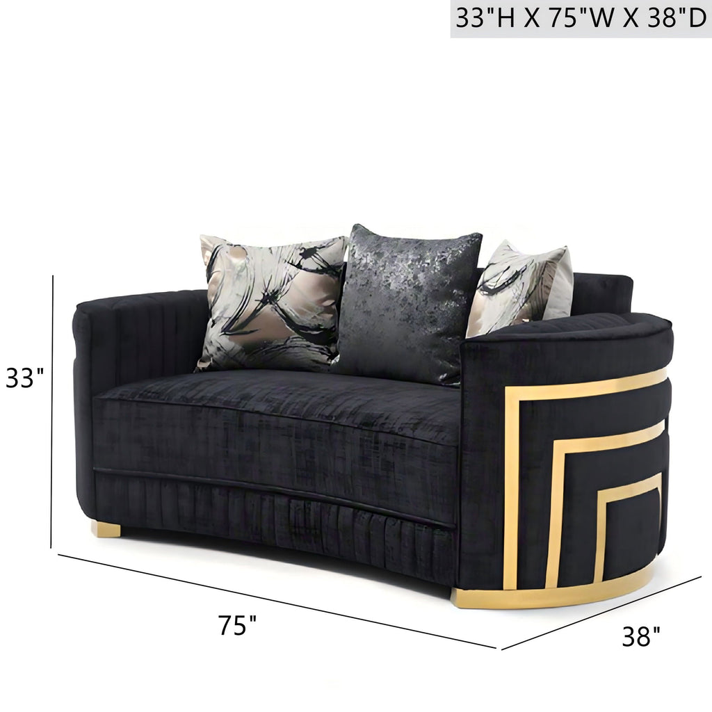 Black Loveseat with Plush Cushions and Gold Accents