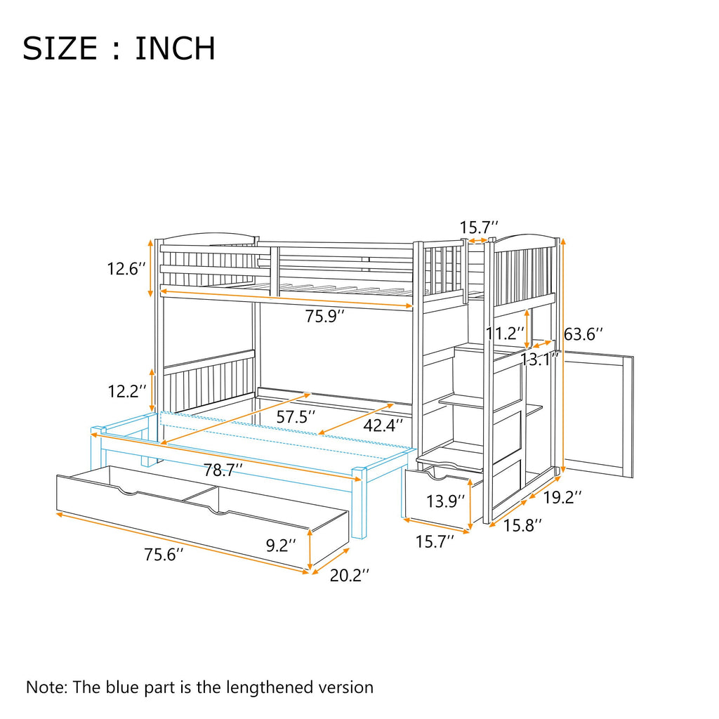 Convertible Twin Over Full Bunk Bed with Storage Shelves and Drawers - White or Dark Gray