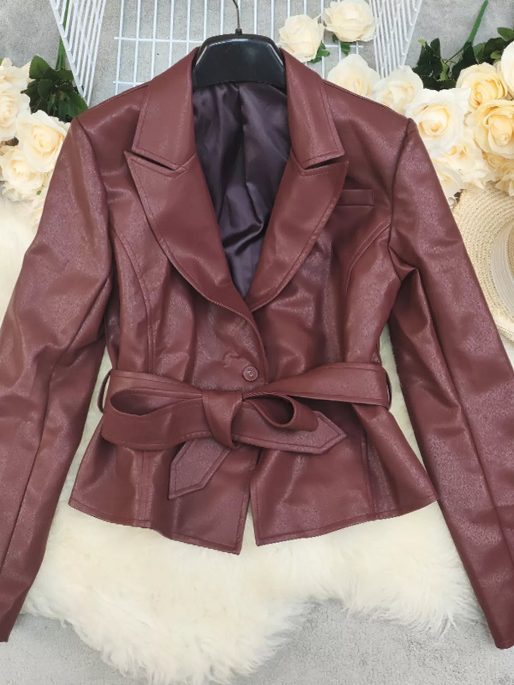 Belted Faux Leather Blazer