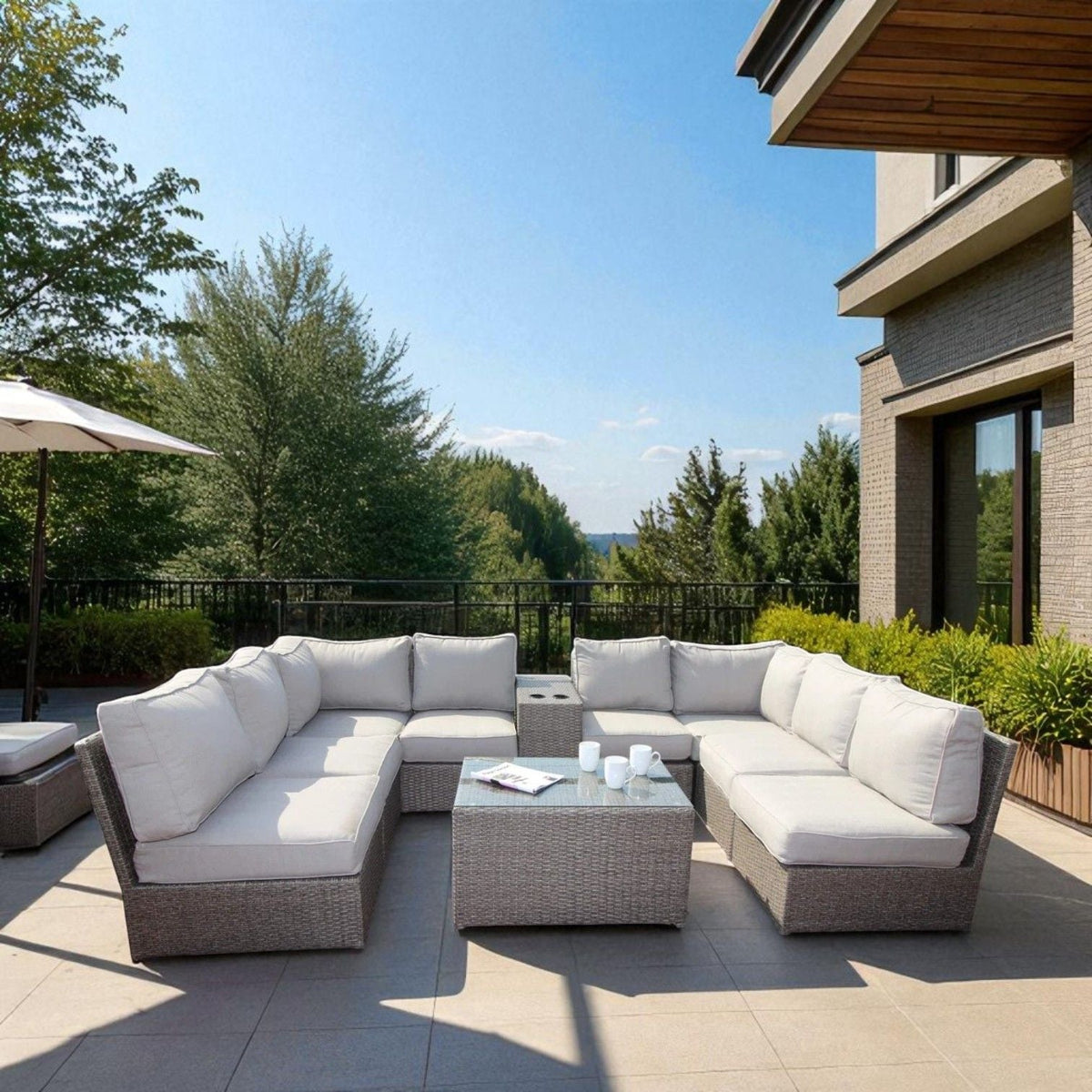 Modern Patio Rattan Sectional Set with Cushions - Multiple Colors