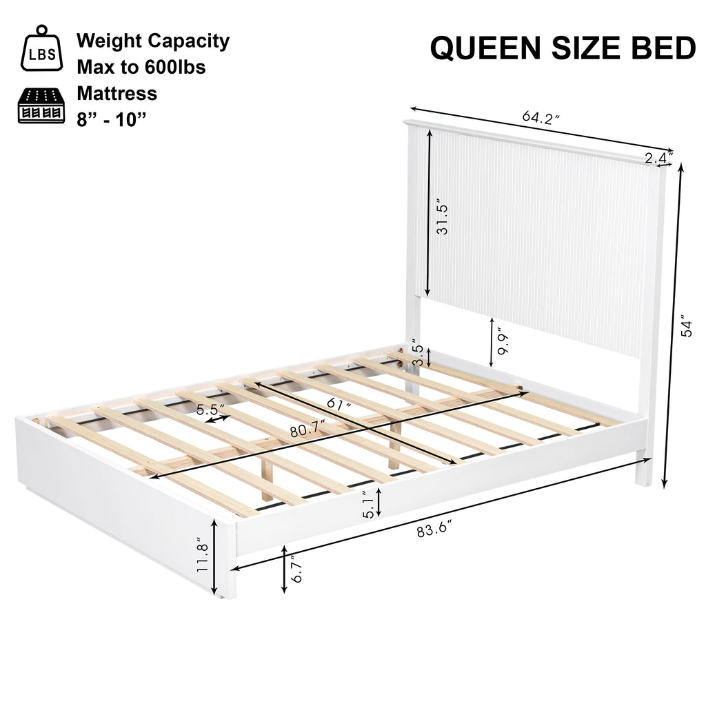 Queen Size Bed Frame with Vertical Slat Headboard - White