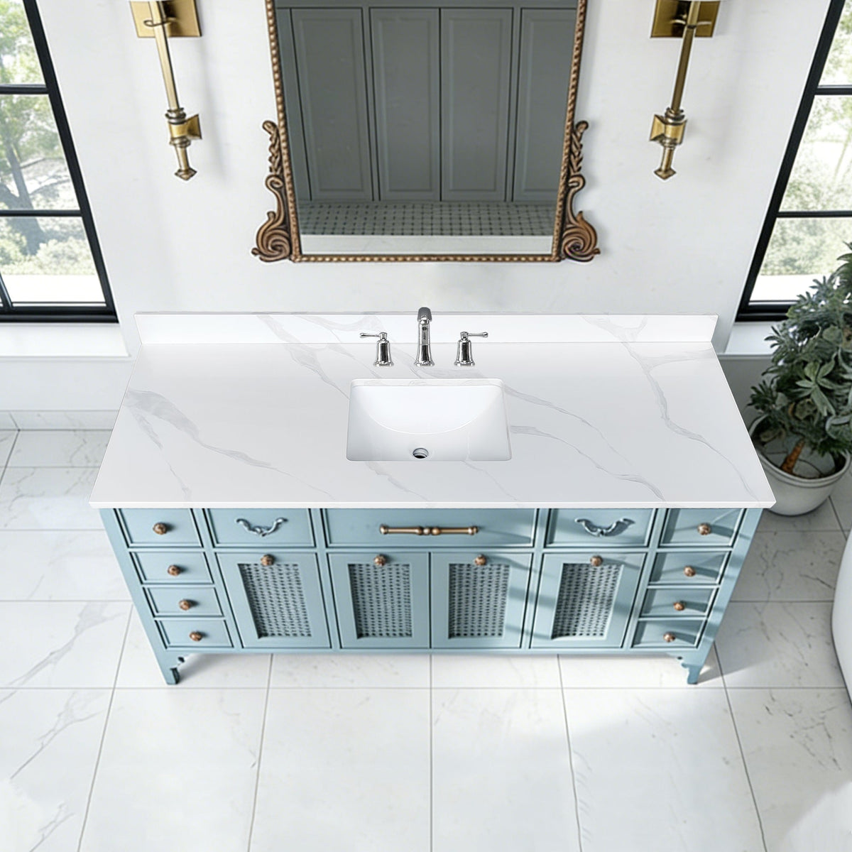 61-Inch Quartz Bathroom Vanity Top with Undermount Sink - Carrara Finish