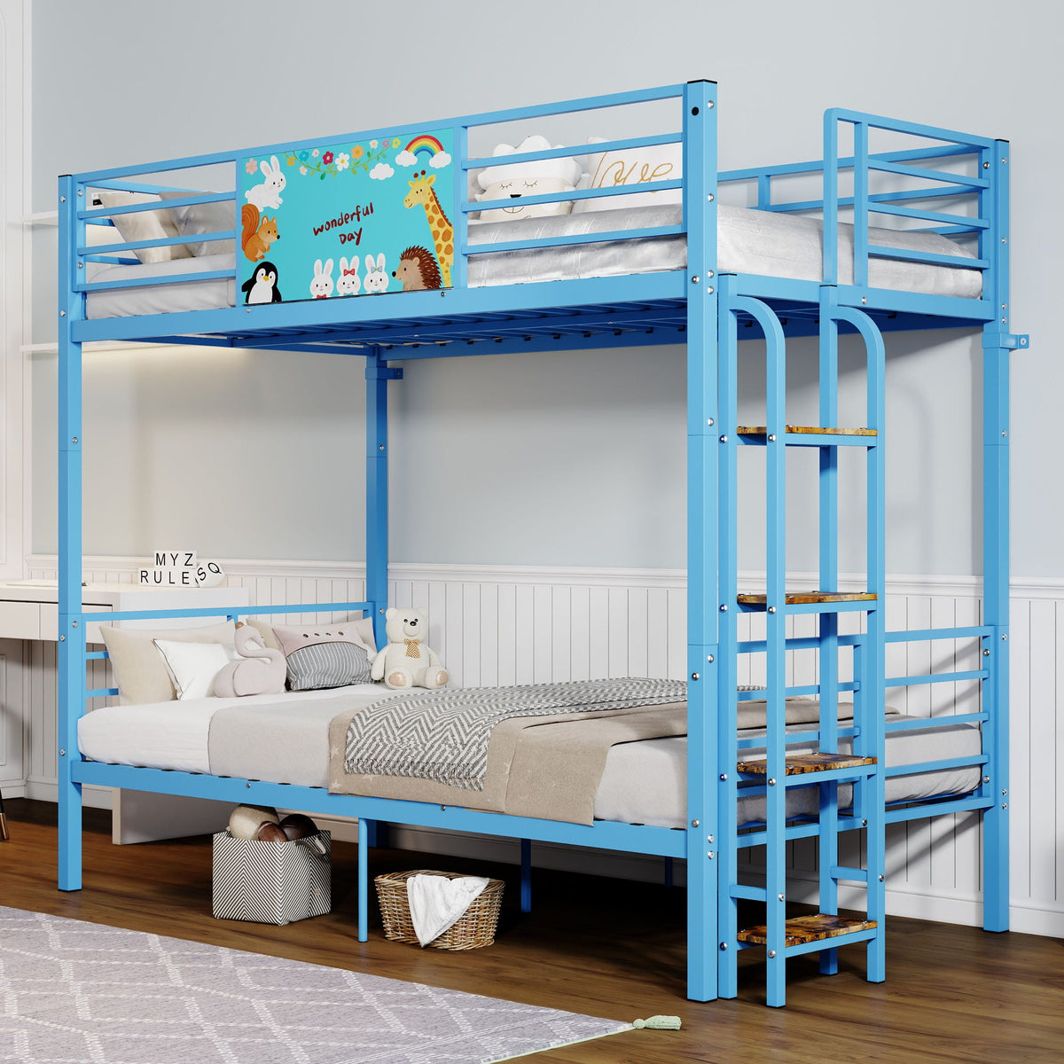 Blue Convertible Twin Bunk Bed with Full Length Guardrail & Ladder