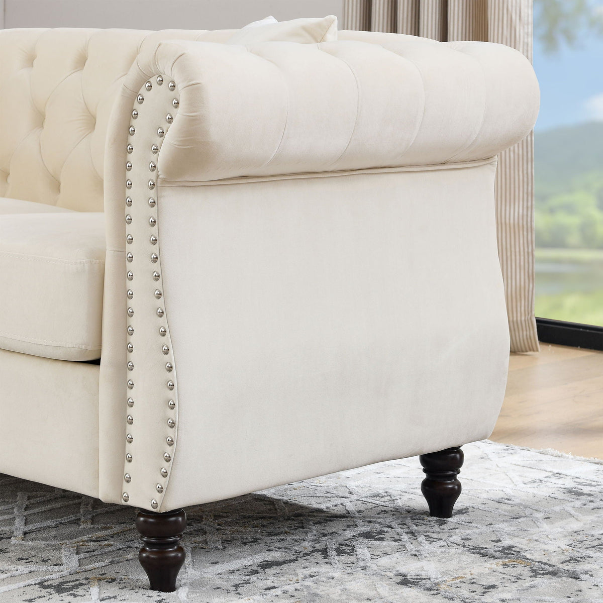 Chesterfield Sofa with Rolled Arms and Nailhead Trim – Solid Wood Frame