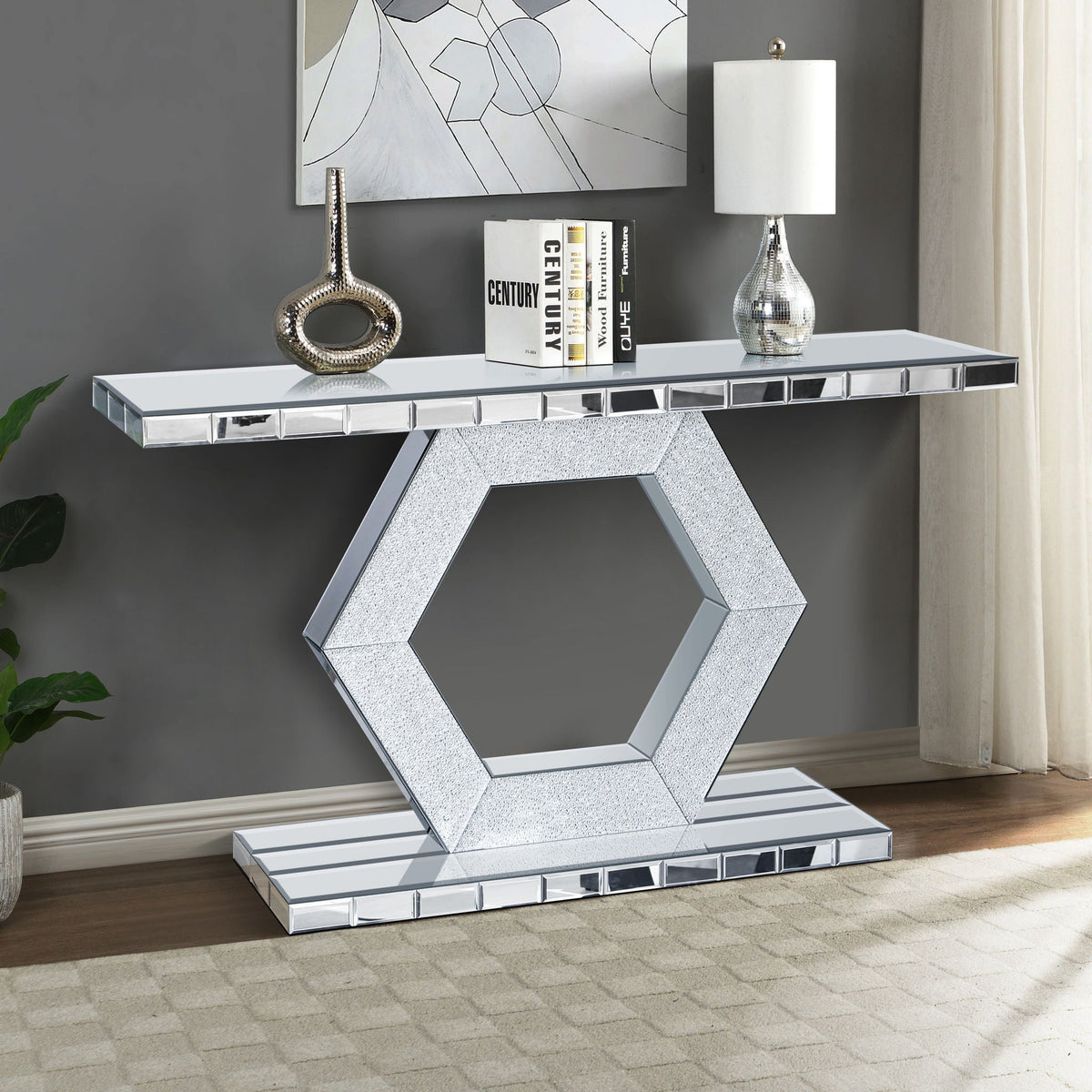 Sparkling Crystal Hexagon Console Table with Diamond Glass Effects - Silver