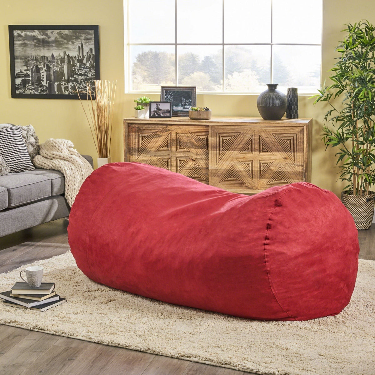 Traditional Cylindrical Suede Bean Bag Chaise - Light Brown or Red