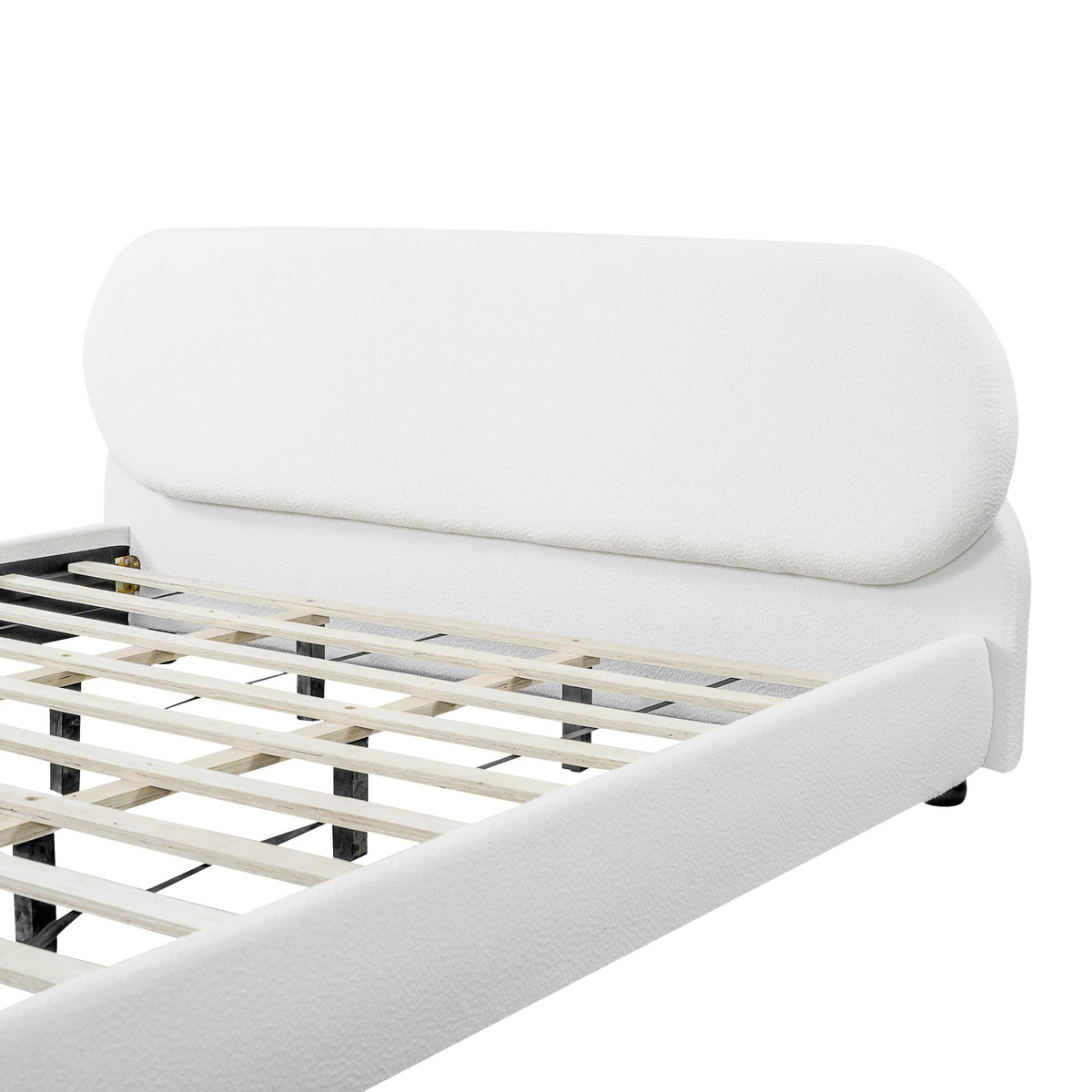 Cream Boucle Upholstered King Bed with Rubberwood Feet