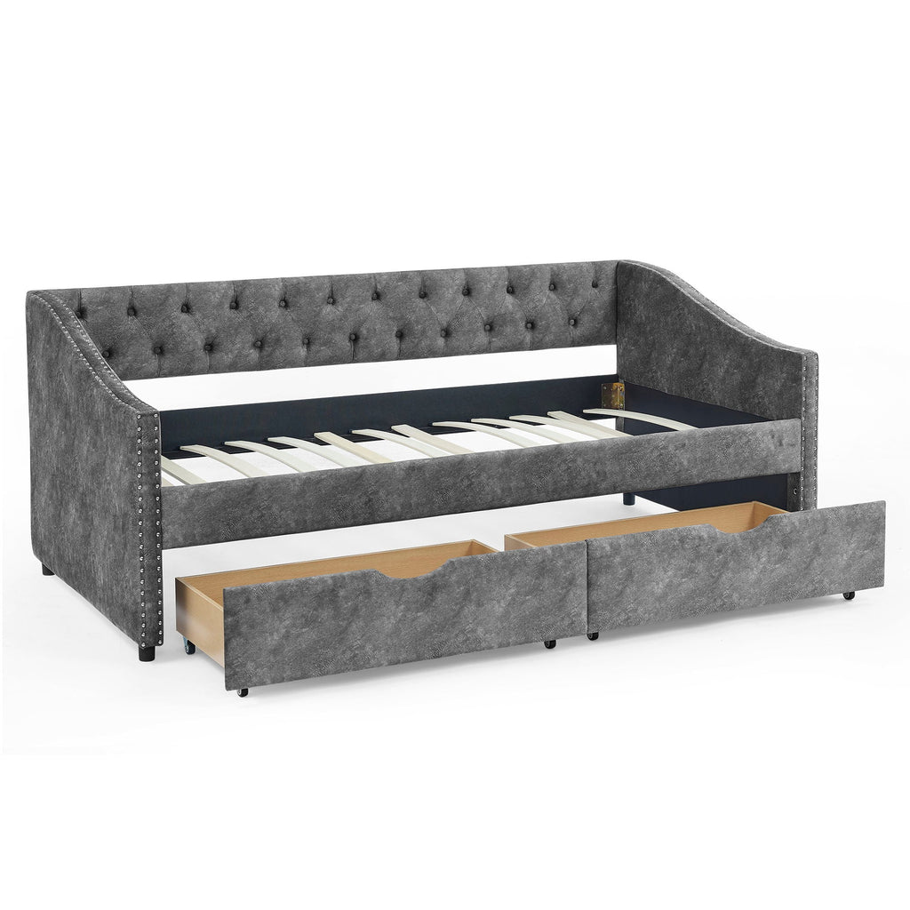 Upholstered Tufted Daybed with 2 Drawers and Waved Arms - Multiple Colors
