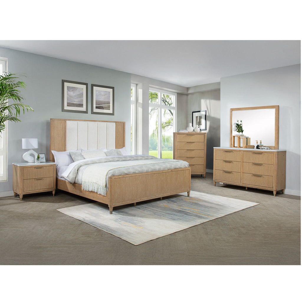 Light Brown High Headboard Panel Bed with Upholstered Feature