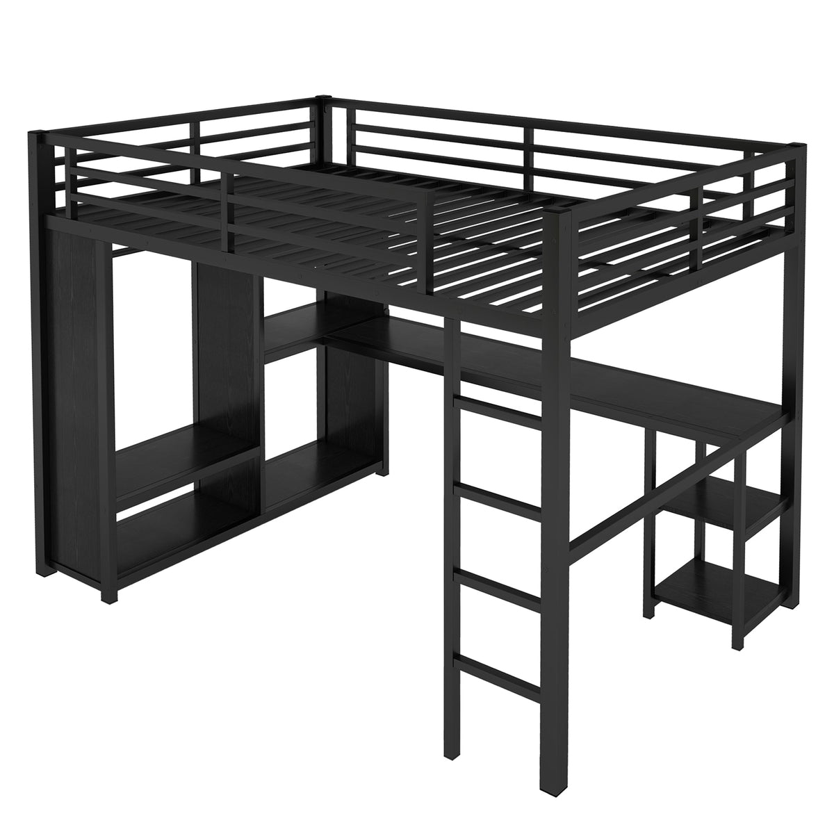 Full Size Loft Bed with Built-in Wardrobe and Desk