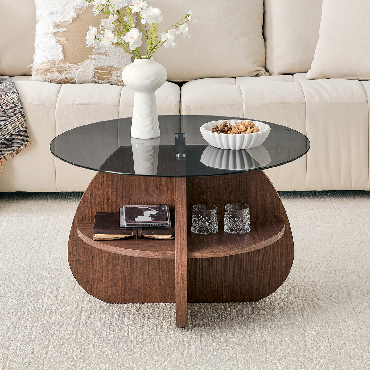 Creative Cross-Structure Round Coffee Table with Glass Top - Walnut Finish