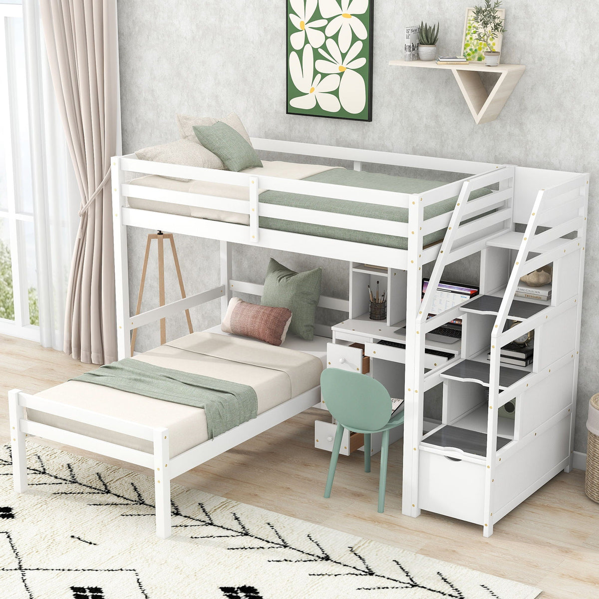 Storage Loft Bed with Stand Alone Bed and Desk - Twin Size