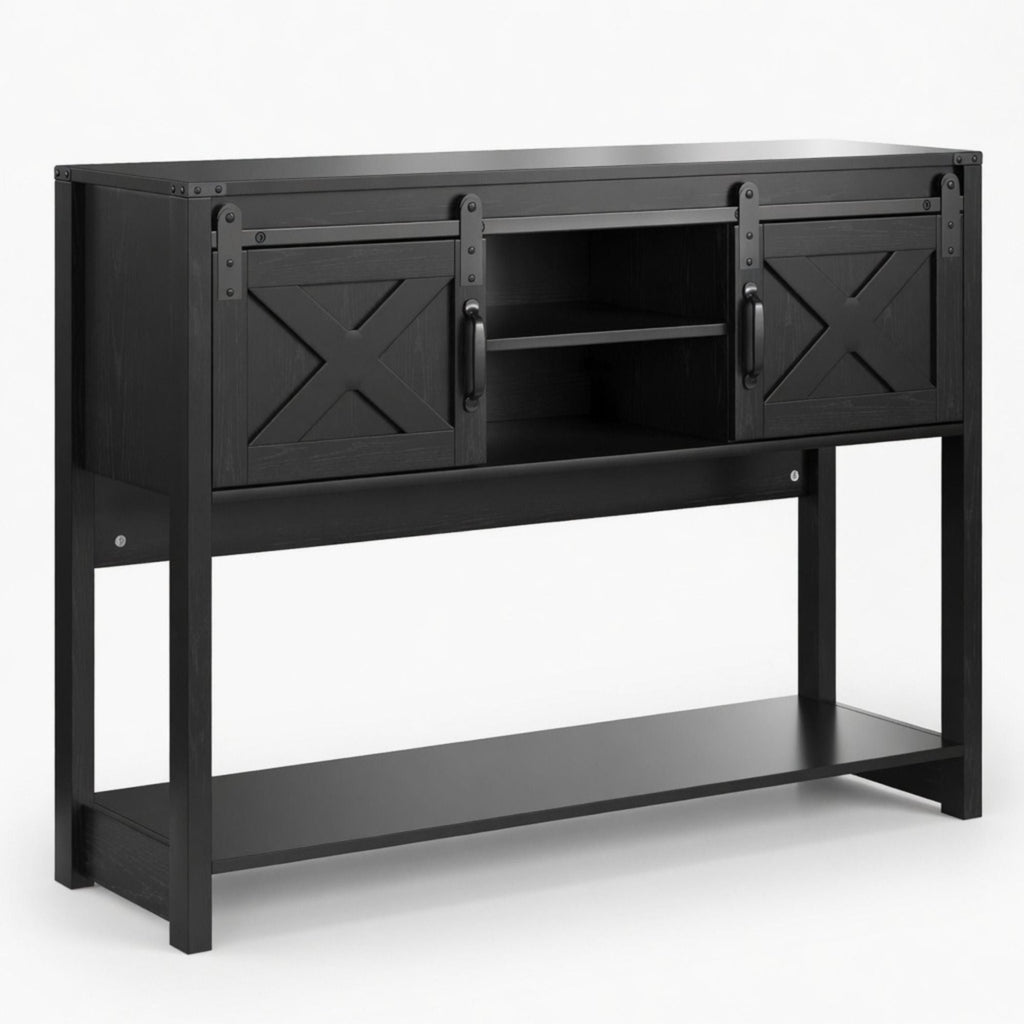 Farmhouse Entryway Table with Sliding Barn Door - Gray, Dark Gray, White, Black