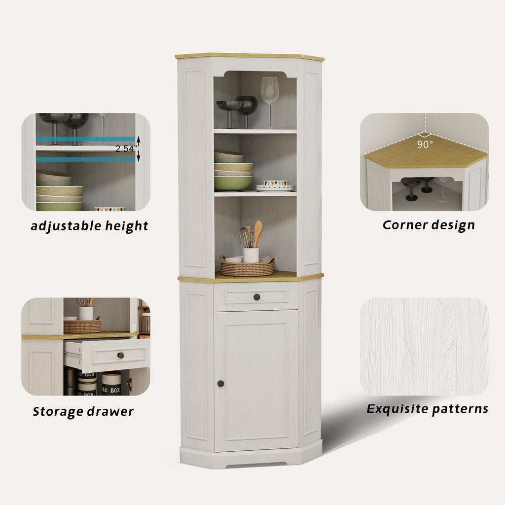 68" Tall Corner Cabinet with Door, Drawer & Adjustable Shelf - Ancient White