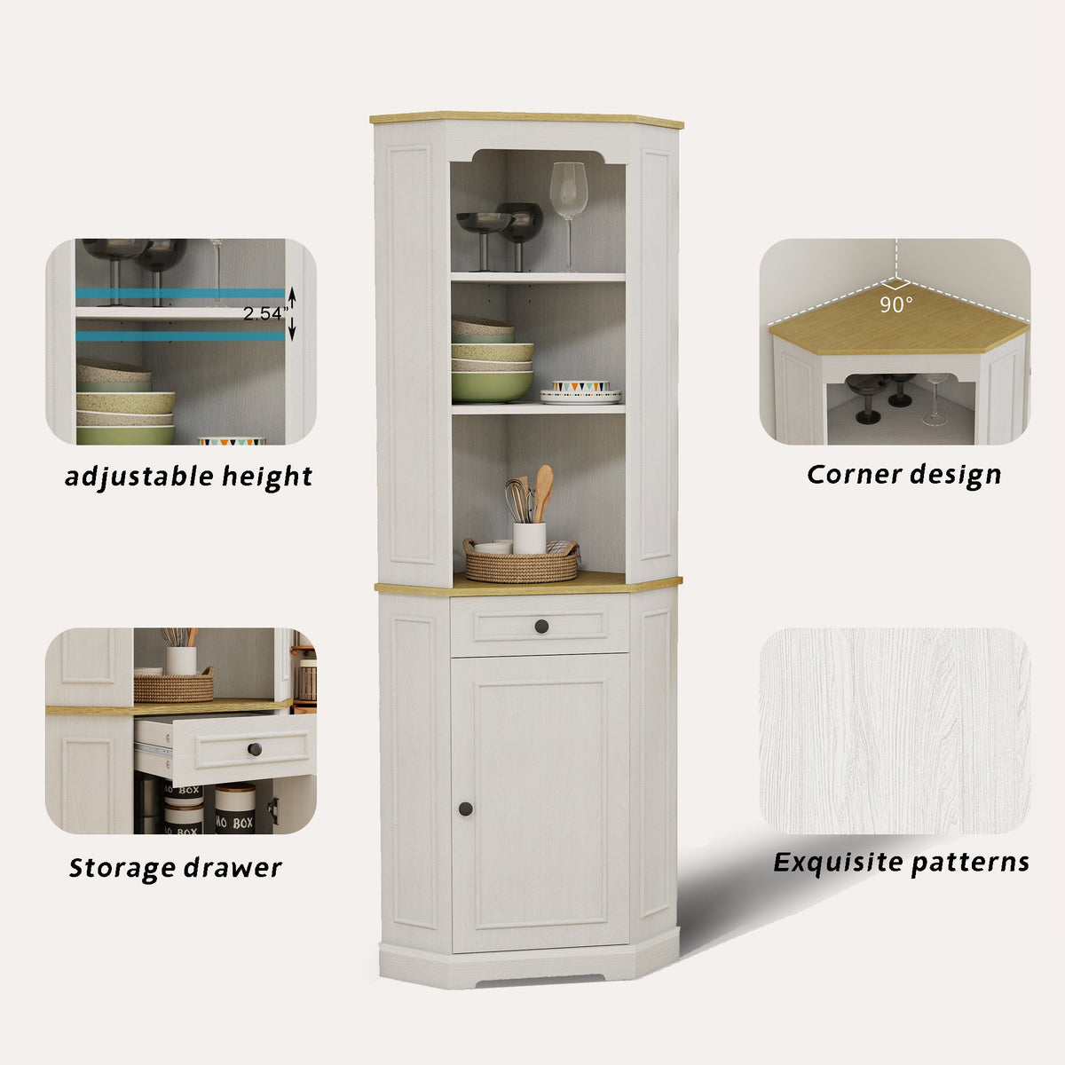 68" Tall Corner Cabinet with Door, Drawer & Adjustable Shelf - Ancient White