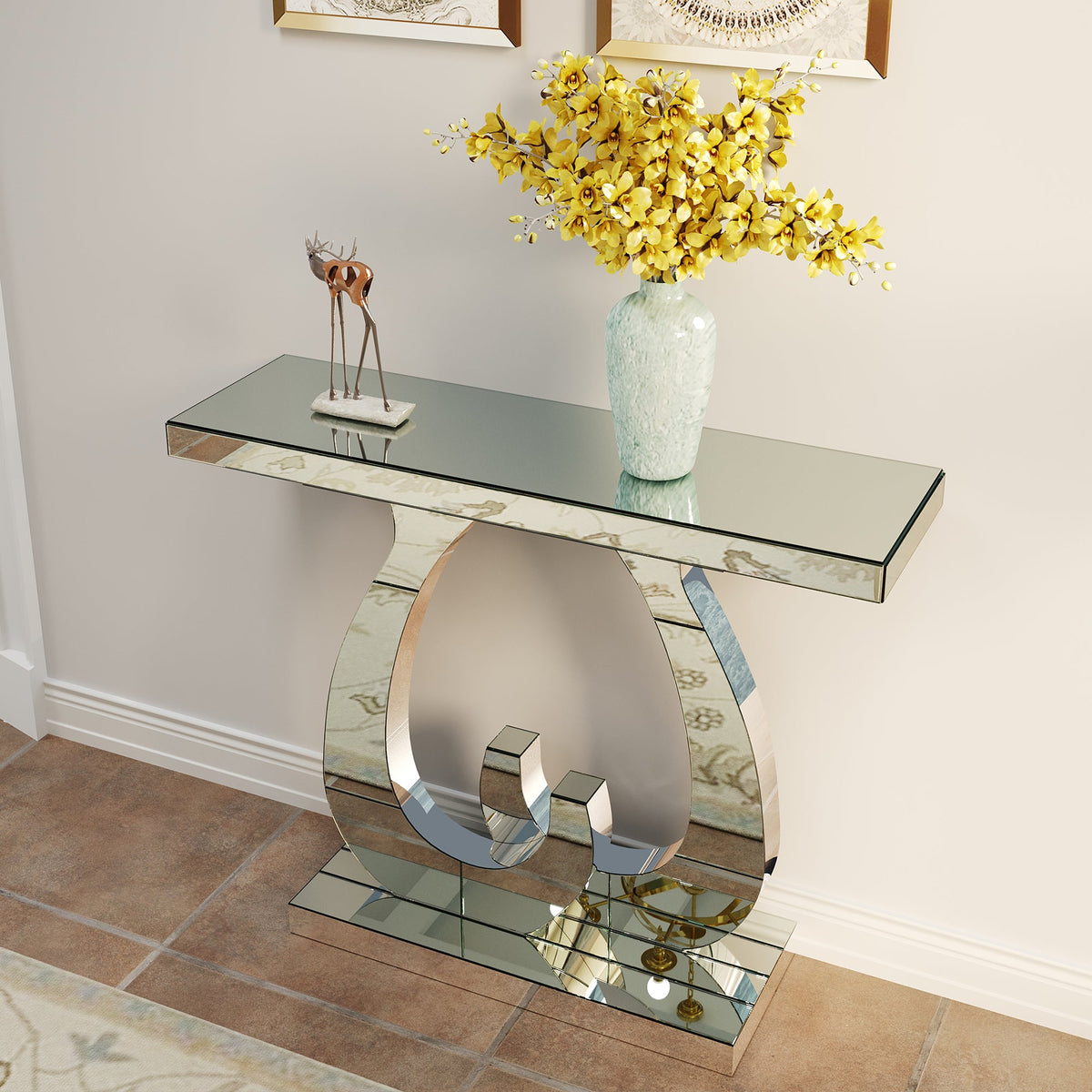 Modern Mirror Side Table with Double C-Shape Base - Silver Mirror