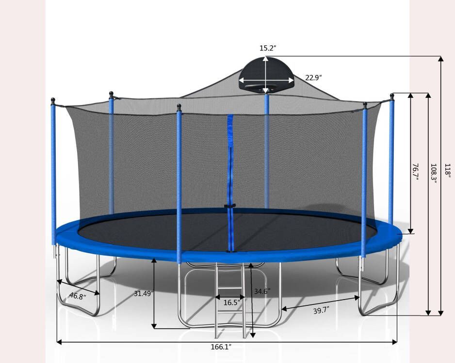 14Ft Trampoline with Basketball Hoop and Ladder - Blue