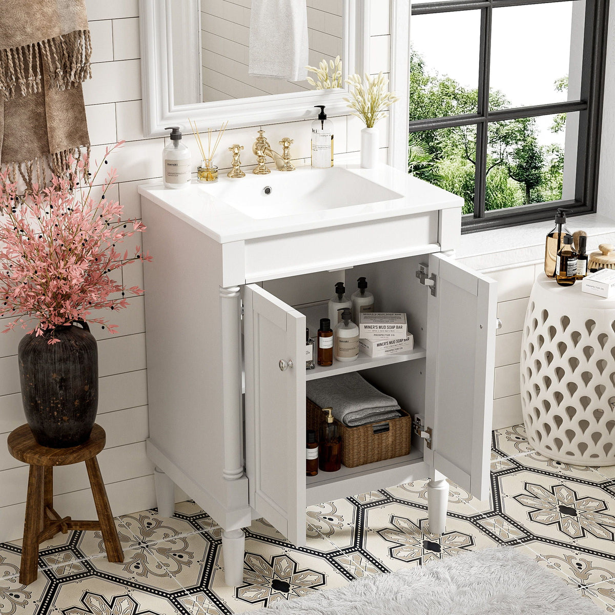 Bathroom Vanity With Top Sink and Two-Tier Storage Cabinet - Multiple Colors