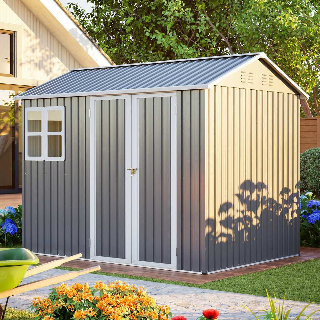 Large Steel Storage Shed with Window & Lockable Doors - Gray
