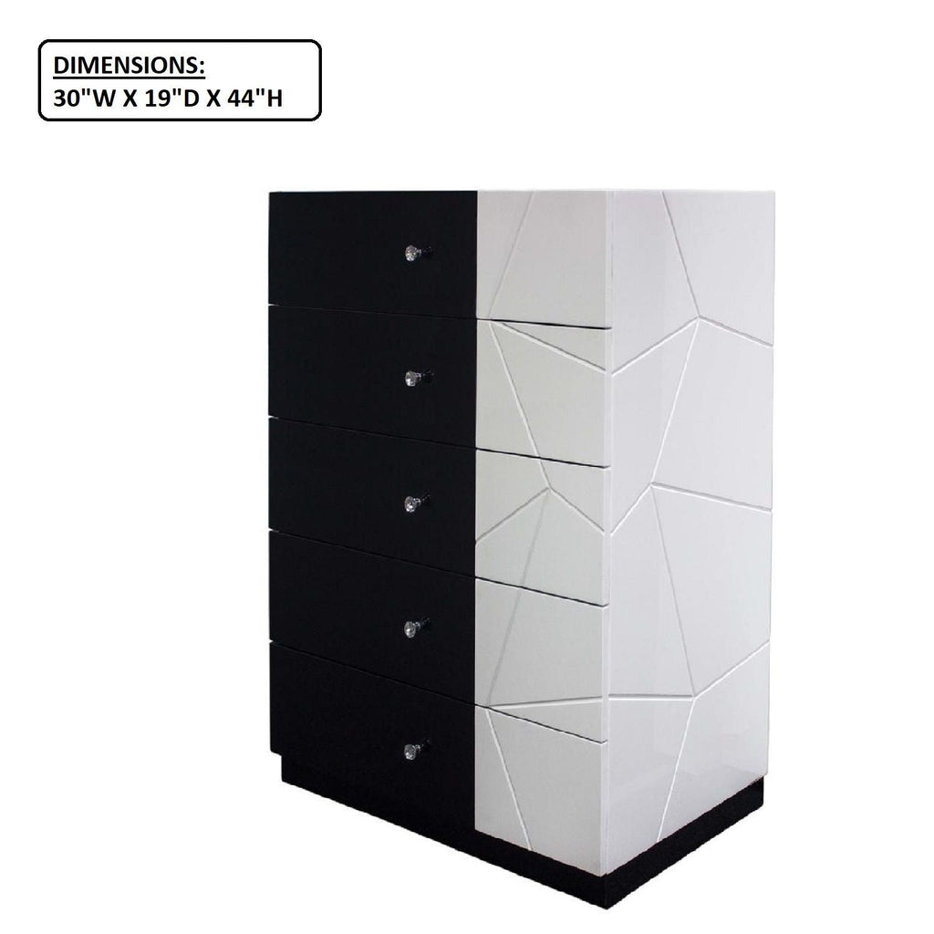 5 Drawer Chest Storage Unit, Clothes Organizer, Geometric Pattern - White / Black