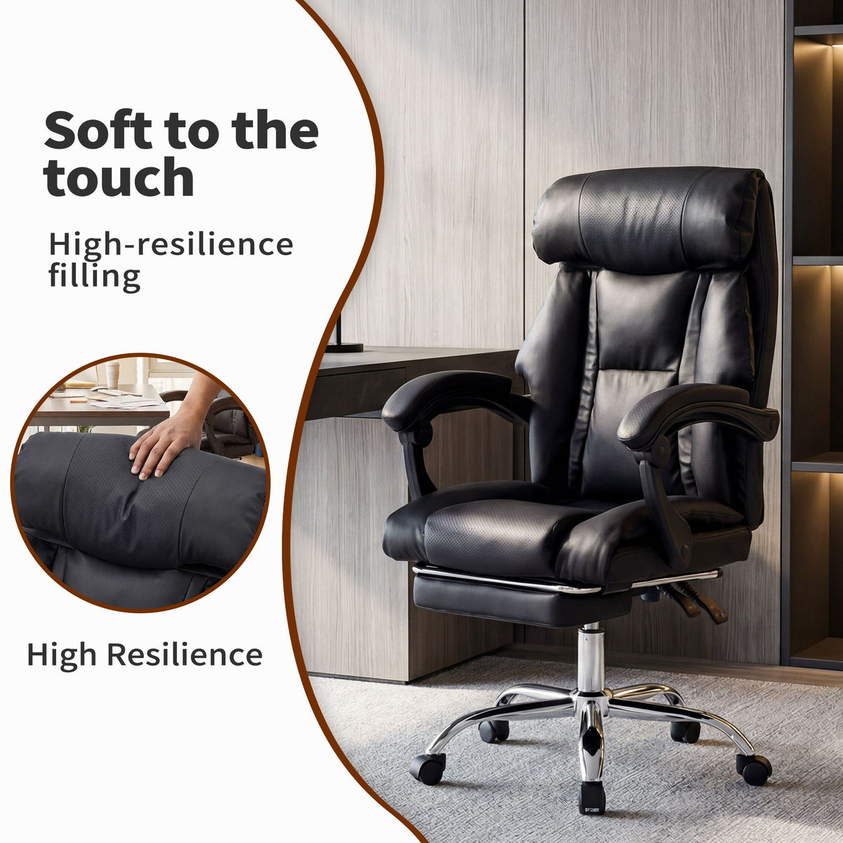 Executive Office Chair with Foot Rest and Adjustable Height - Black
