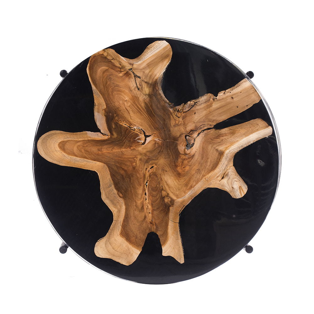 Black and Brown Side Table with Teak Root Wood and Iron Frame
