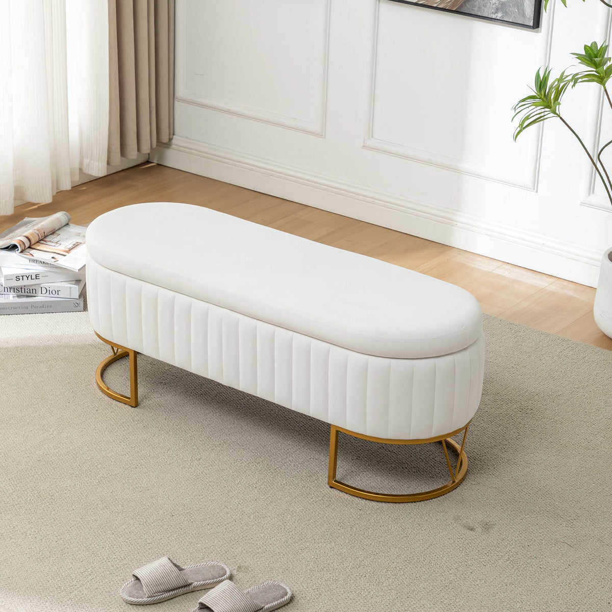 Velvet Storage Bench with Golden Metal Legs - Bedroom Bench