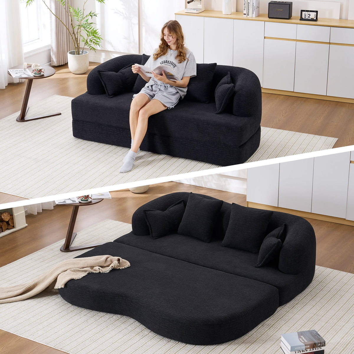2-in-1 Foldable Sofa Bed with 4 Pillows - Chenille Upholstery