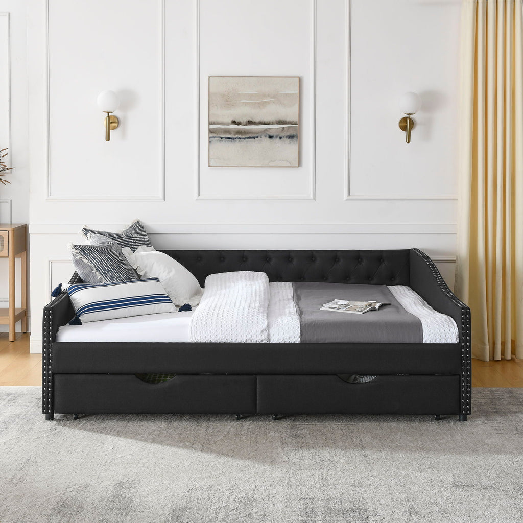 Upholstered Tufted Daybed with 2 Drawers and Waved Arms - Multiple Colors