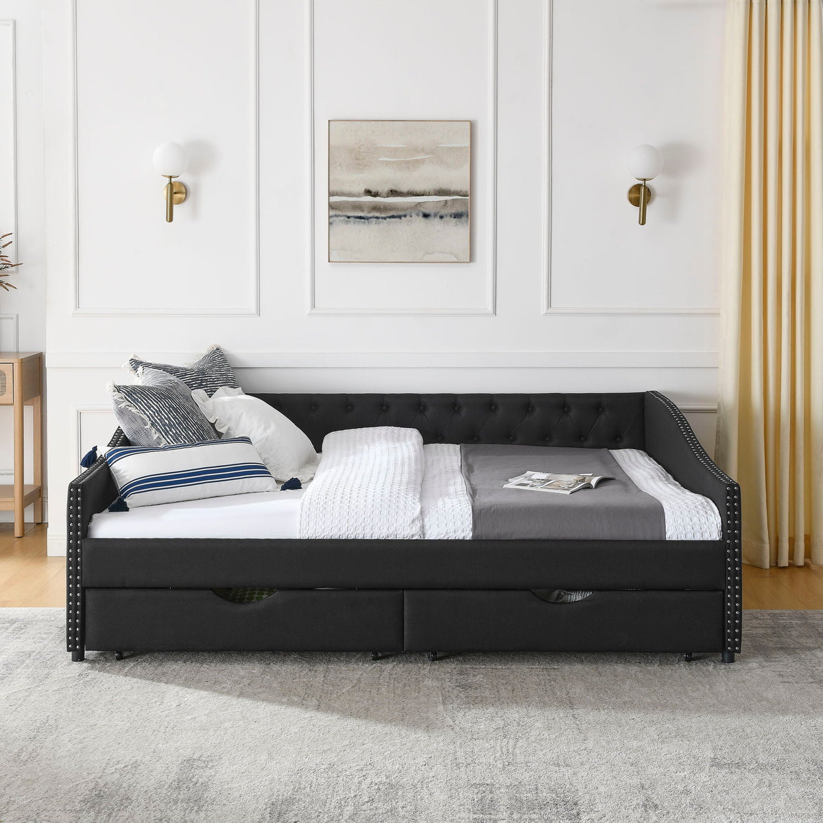 Upholstered Tufted Daybed with 2 Drawers and Waved Arms - Multiple Colors