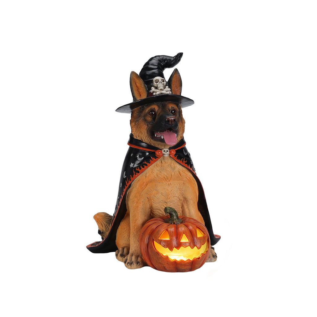Halloween German Shepherd Dog Statue with LED Pumpkin - Resin
