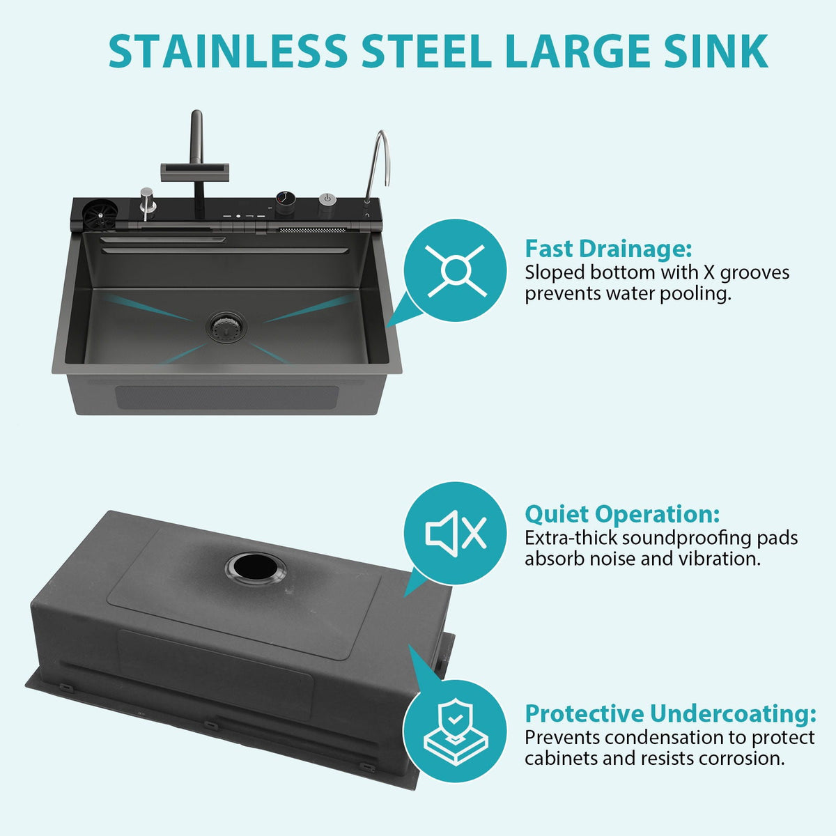 30" Single Bowl Kitchen Sink with Smart LED Faucet - Black or Gray