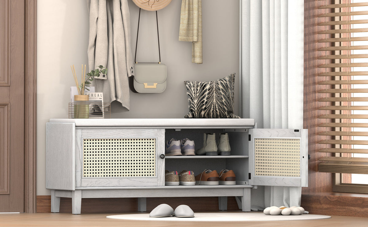 Boho Rattan Entryway Bench with Storage - Natural Finish