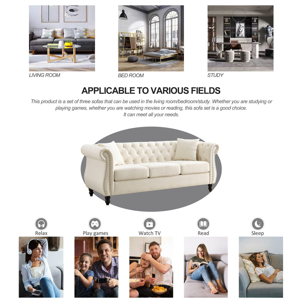Chesterfield Sofa with Rolled Arms and Nailhead Trim – Solid Wood Frame
