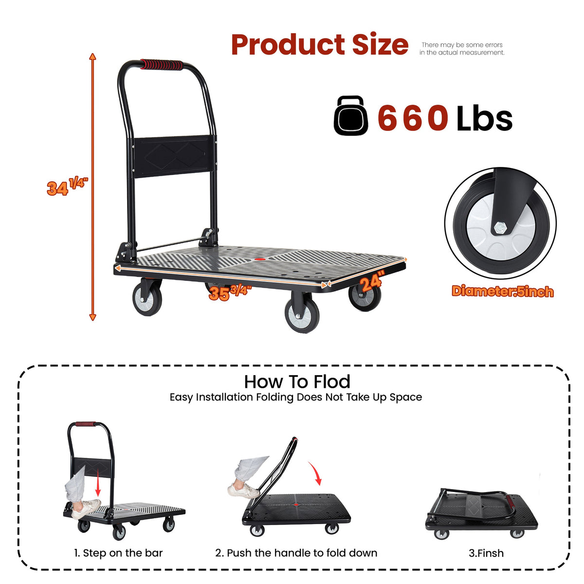 Foldable Platform Truck Handcart with 660 lb Capacity - Steel