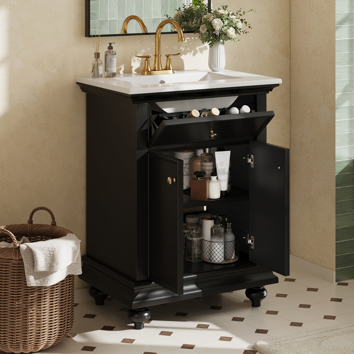 24" Modern Bathroom Vanity with Tip-Out Drawer & Soft-Close Hinges - Black, Green, or White