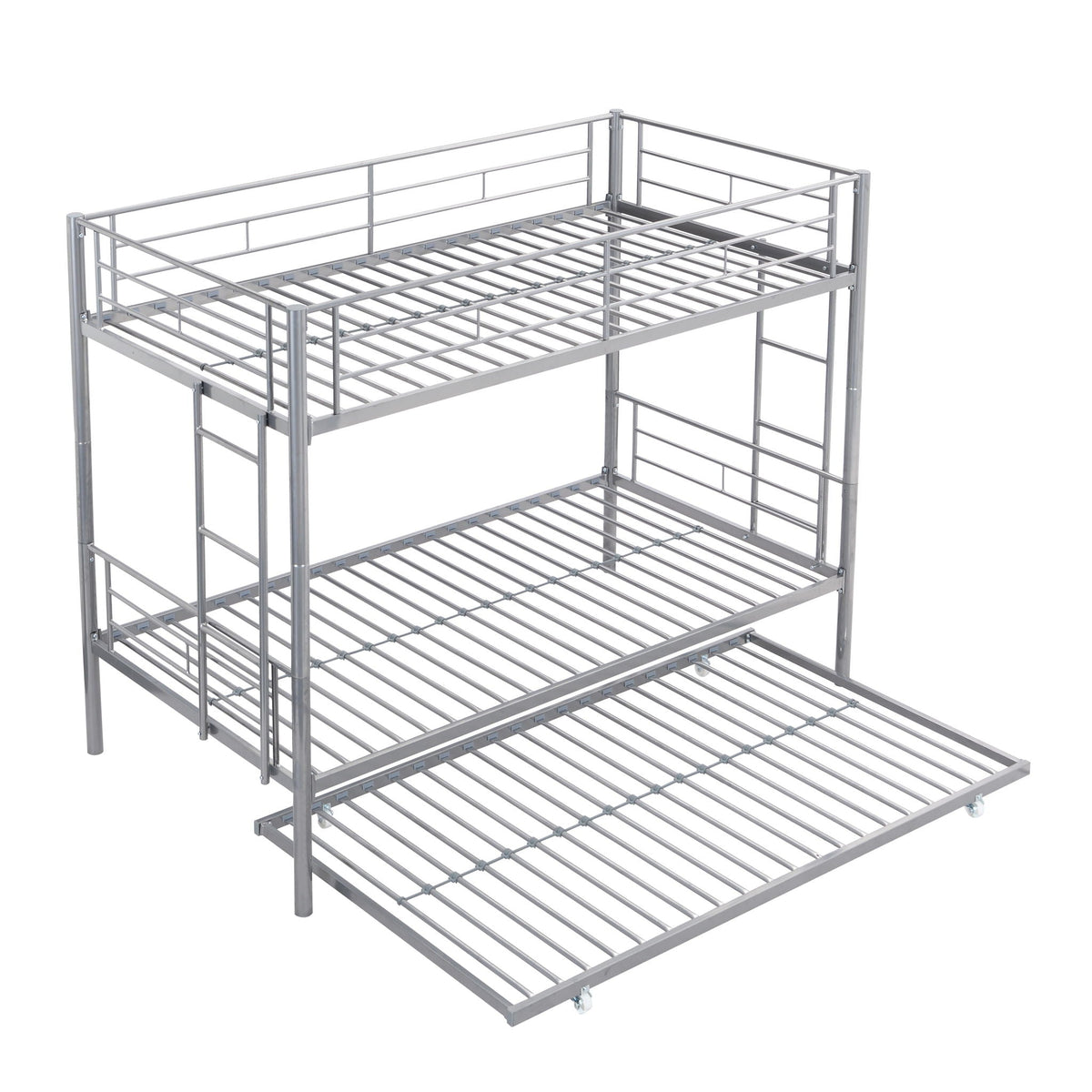 Twin Over Twin Bunk Bed with Trundle - Sturdy Metal Frame - Pearl Silver, White, or Pink