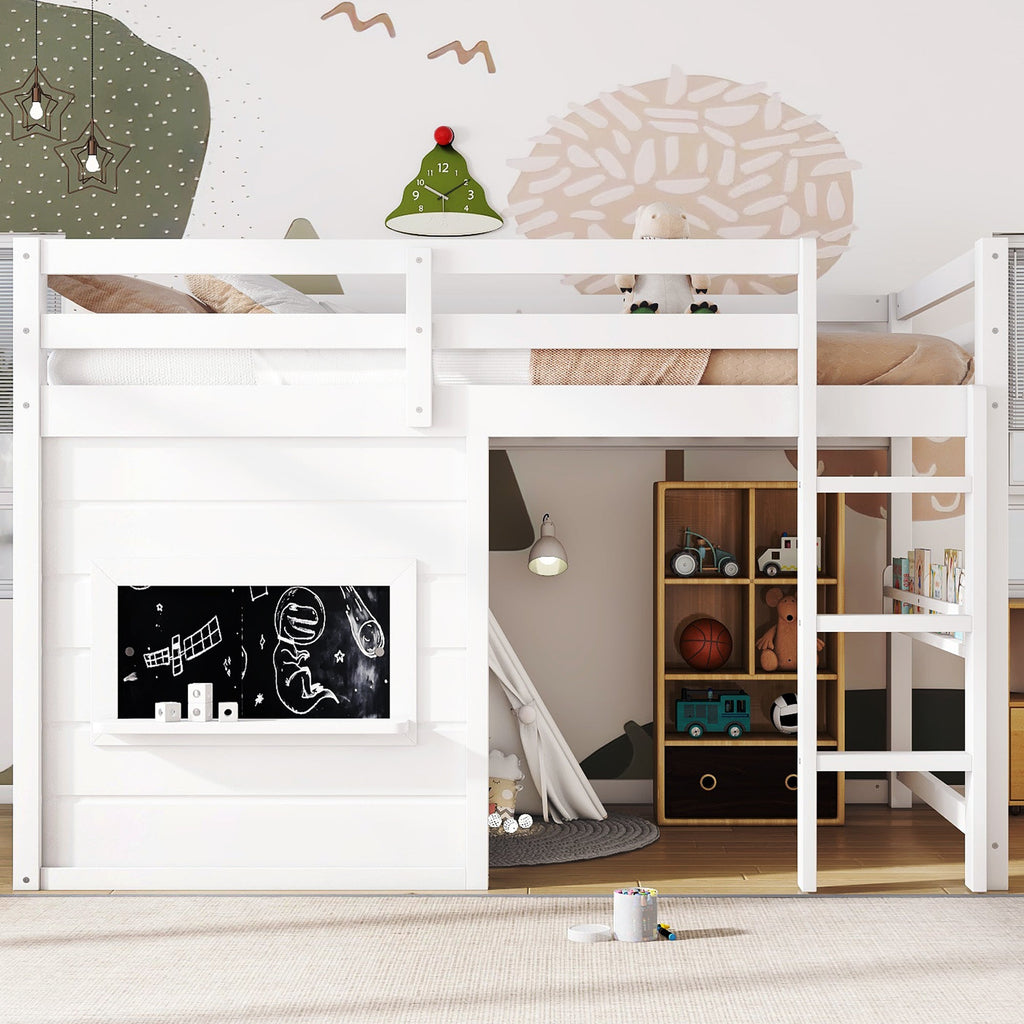 Twin Size Loft Bed with Sliding Chalkboard & Bookshelf - White