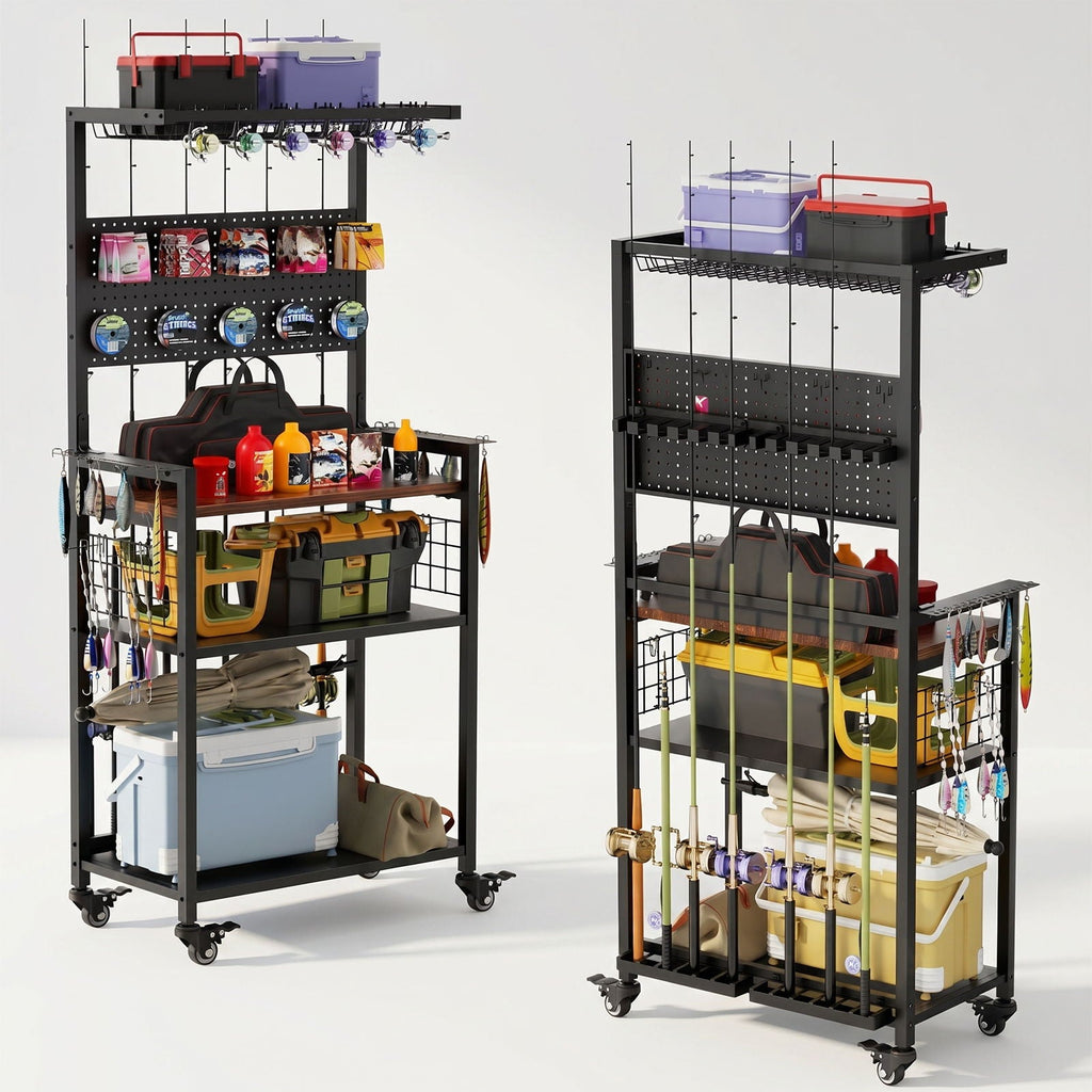 Fishing Rod Storage Rack with Pegboard - Rolling Tackle Organizer Cart - Black