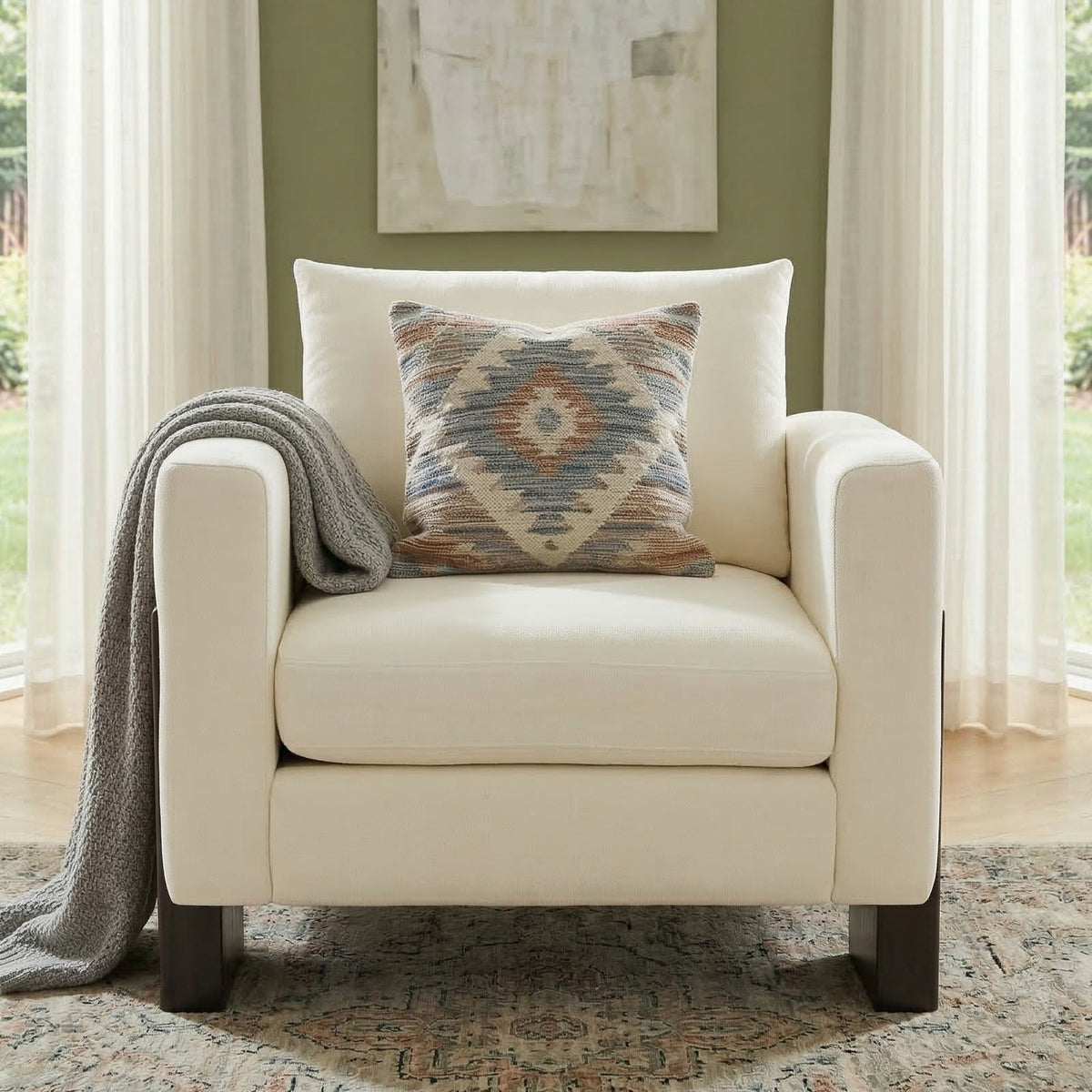 Modern Accent Chair with Rubberwood Legs - Beige Chenille
