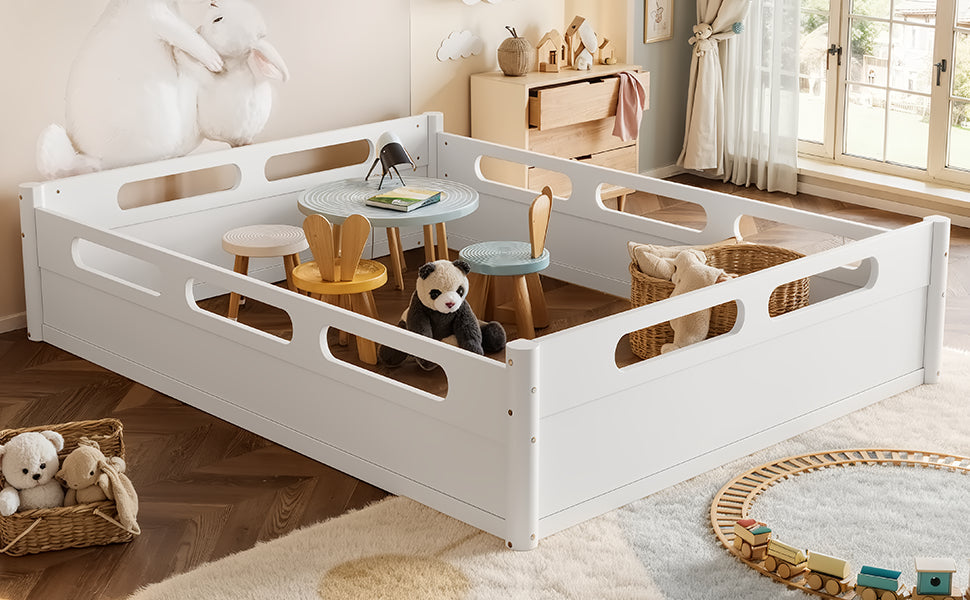 Queen Size Floor Platform Bed with Full-Length Guardrails - White or Natural