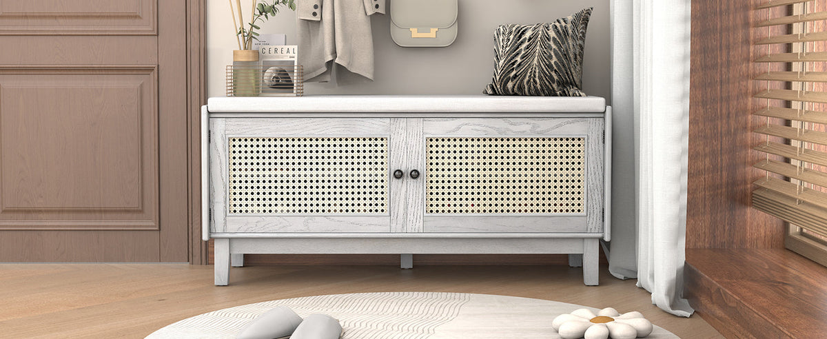 Boho Rattan Entryway Bench with Storage - Natural Finish