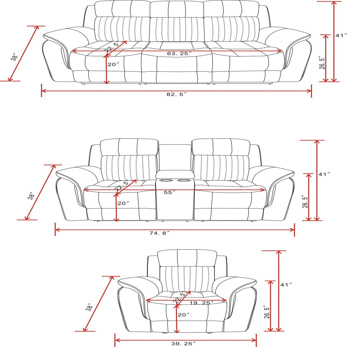 Gray Reclining Sofa with Plush Cushions - 100% Polyester Fabric