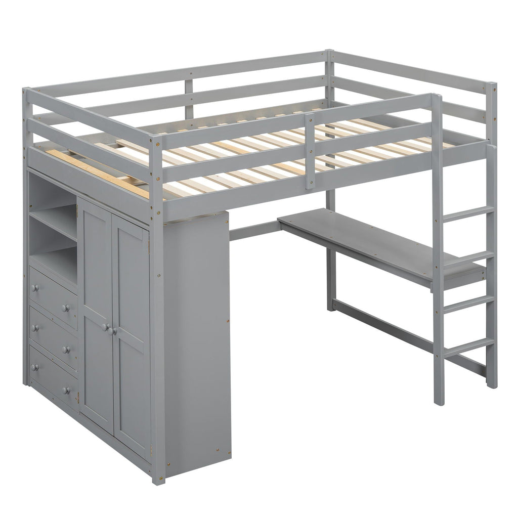 Full Size Loft Bed with Built-In Wardrobe, Shelves, and Drawers - White or Dark Gray