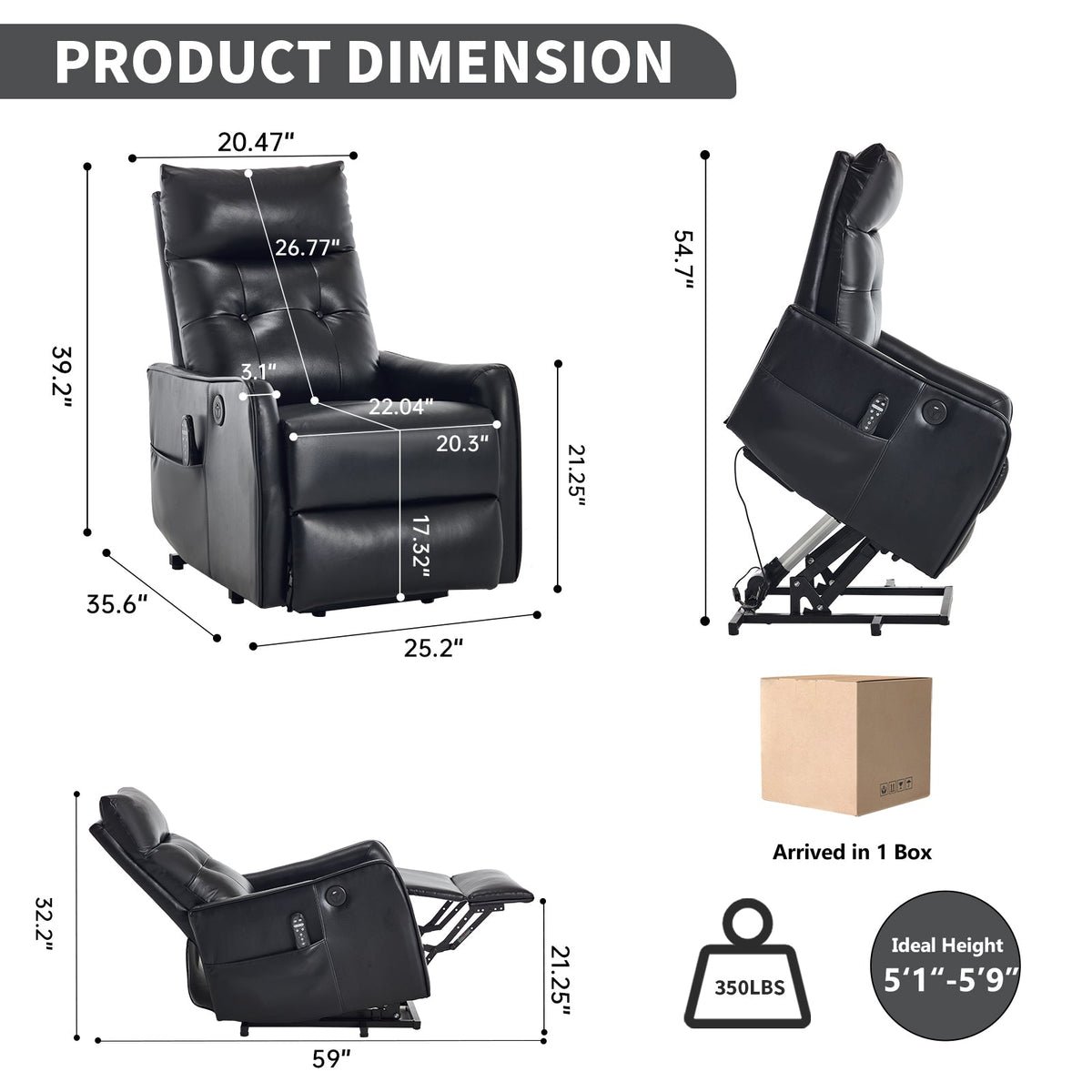 Black PU Power Lift Recliner Chair