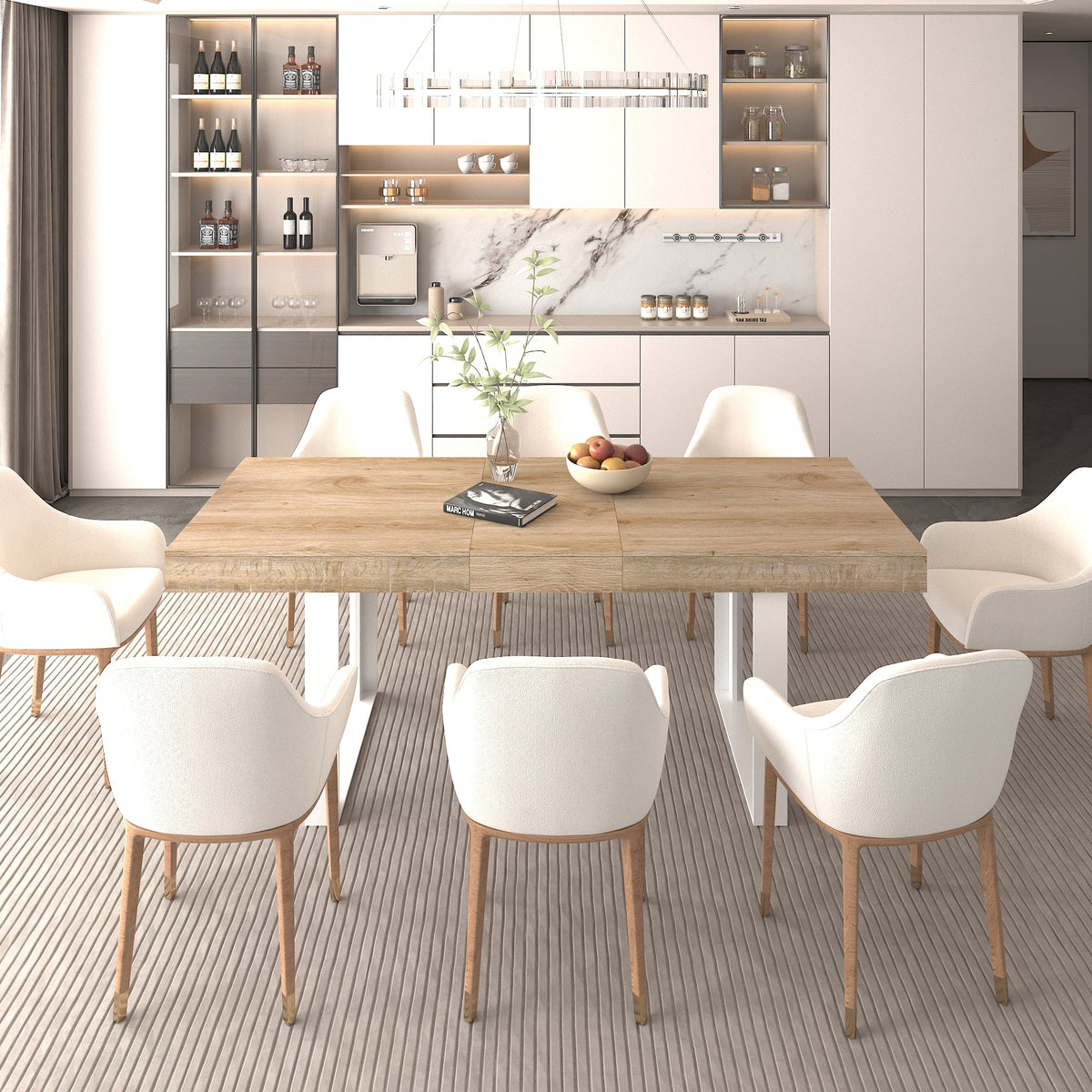 Extendable Dining Room Table with Retractable Design - Oak Grain/White