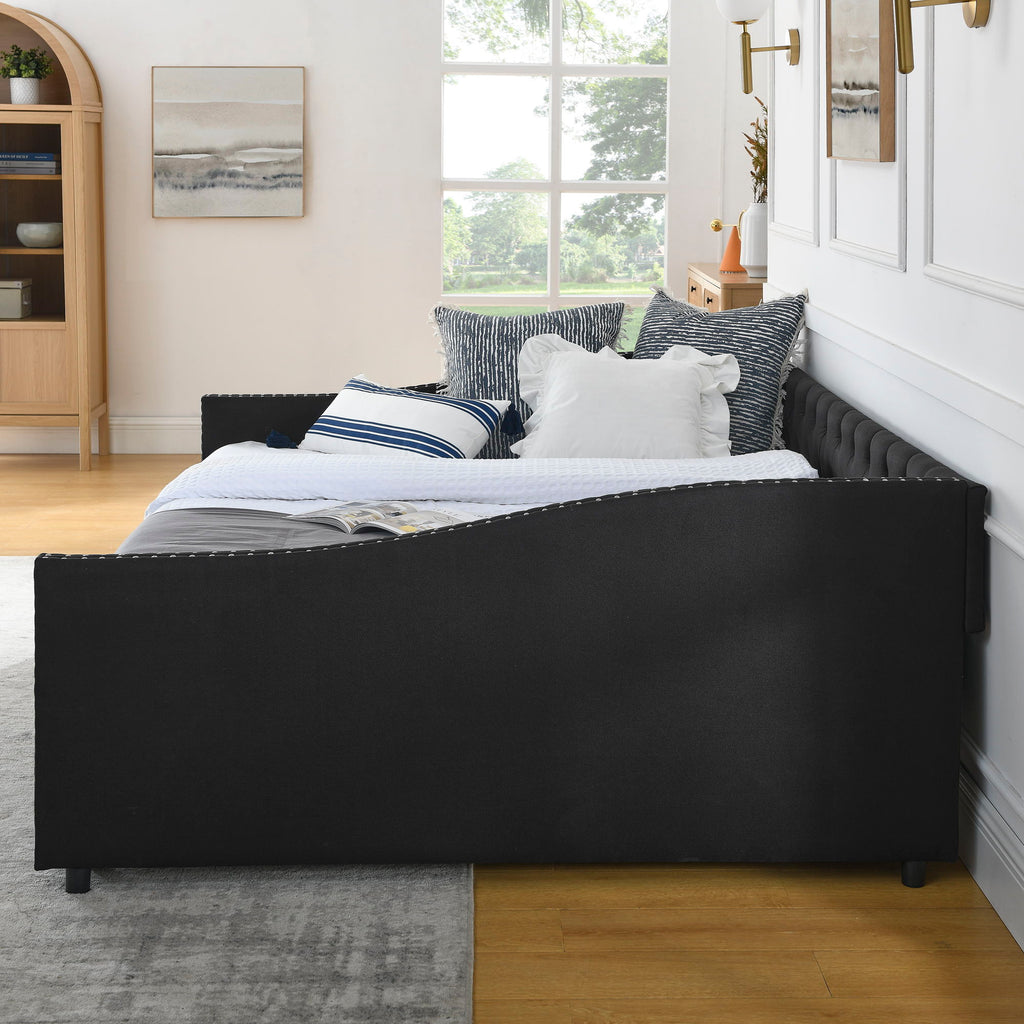 Upholstered Tufted Daybed with 2 Drawers and Waved Arms - Multiple Colors