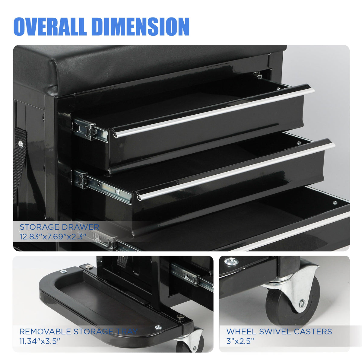 3-Drawer Tool Chest Rolling Mechanic Seat with Tool Trays - Steel