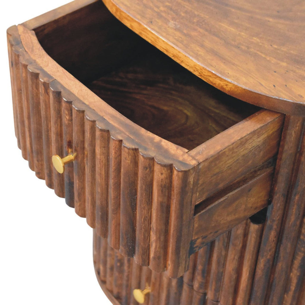 Solid Wood Curved Fluted Nightstand with Three Drawers - Chestnut