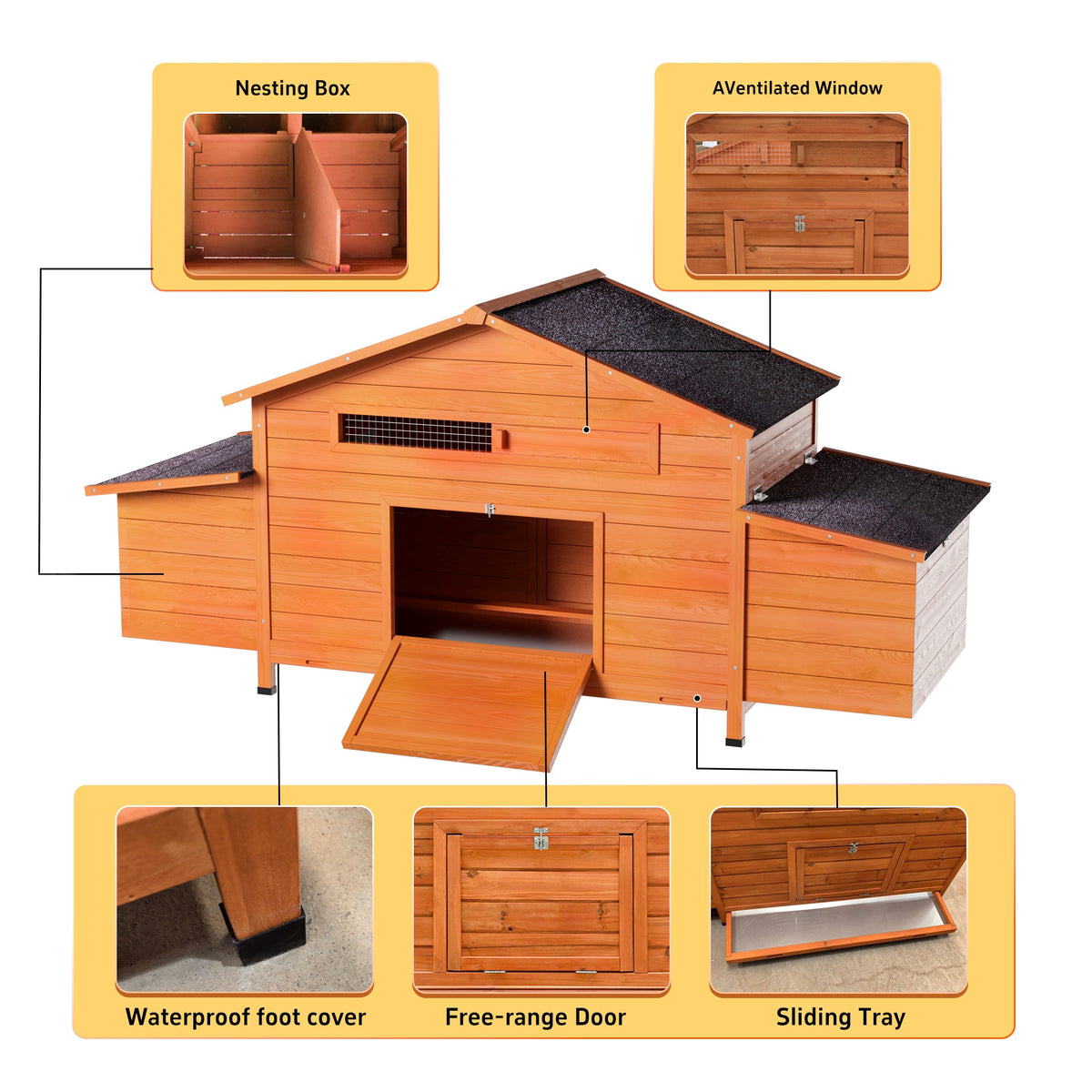 70" Large Wooden Chicken Coop with Nesting Boxes - Brick Red